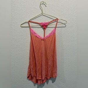 Betsy Johnson Coral Pink Lace Trim racerback Tank Top cami lingerie slip